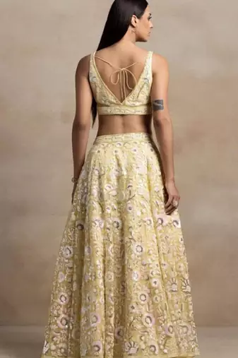 yellow sequins embroidered soft net fabric Indian designer bollywood lehenga