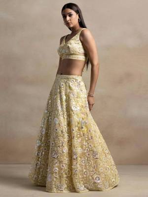 yellow sequins embroidered soft net fabric Indian designer bollywood lehenga 5