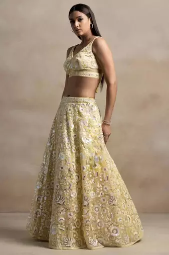yellow sequins embroidered soft net fabric Indian designer bollywood lehenga