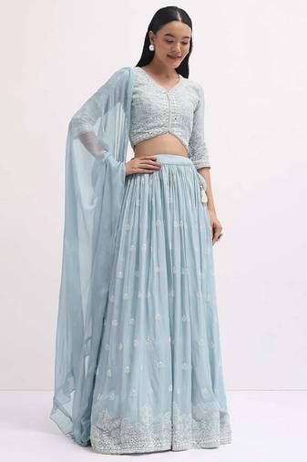 skyblue sequins embroidered georgette sangeet wear indian designer wedding lehenga choli
