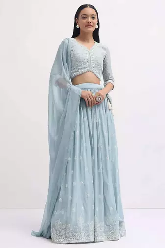 skyblue sequins embroidered georgette sangeet wear indian designer wedding lehenga choli