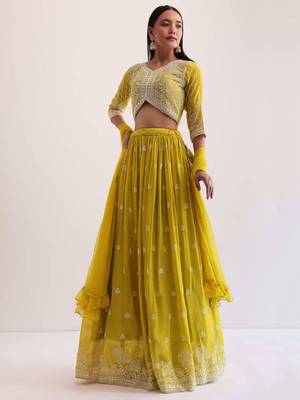 fabulous yellow sequins embroidered georgette haldi wear lehenga choli 1
