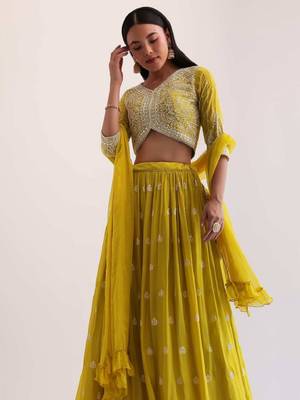fabulous yellow sequins embroidered georgette haldi wear lehenga choli 2