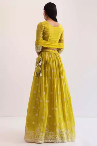 fabulous yellow sequins embroidered georgette haldi wear lehenga choli