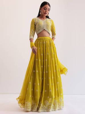fabulous yellow sequins embroidered georgette haldi wear lehenga choli 5