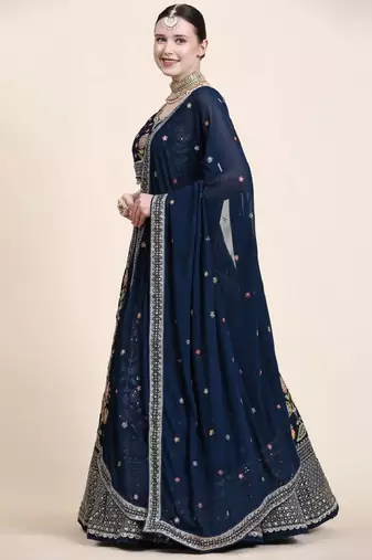 Wonderful Blue Multi Thread Embroidered Georgette Bollywood Lehenga Choli