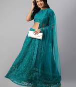 Fascinating Teal Green Thread Embroidery Net Indian Wedding Lehenga Choli