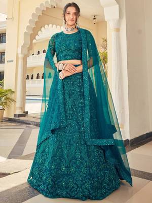  Teal Thread Embroidery Net Lehenga Choli Wedding Lehenga 1