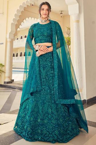  Teal Thread Embroidery Net Lehenga Choli Wedding Lehenga