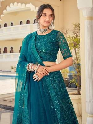  Teal Thread Embroidery Net Lehenga Choli Wedding Lehenga 2