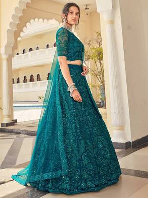  Teal Thread Embroidery Net Lehenga Choli Wedding Lehenga 3