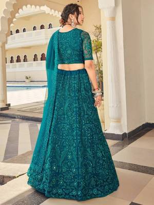  Teal Thread Embroidery Net Lehenga Choli Wedding Lehenga 4