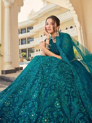  Teal Thread Embroidery Net Lehenga Choli Wedding Lehenga 5