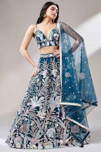 ravishing blue color sequins embroidered soft net indian party wear lehenga choli