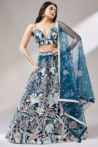 ravishing blue color sequins embroidered soft net indian party wear lehenga choli