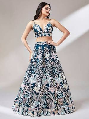 ravishing blue color sequins embroidered soft net indian party wear lehenga choli 3