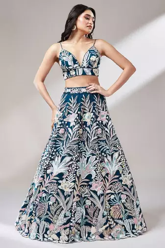 ravishing blue color sequins embroidered soft net indian party wear lehenga choli