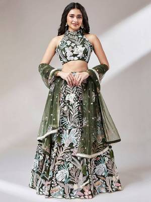 awesome olive green sequins embroidered art soft net mehendi wear indian wedding lehenga choli 1