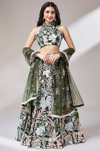 awesome olive green sequins embroidered art soft net mehendi wear indian wedding lehenga choli