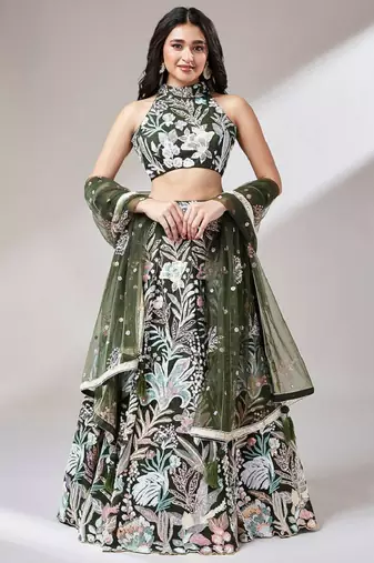 awesome olive green sequins embroidered art soft net mehendi wear indian wedding lehenga choli
