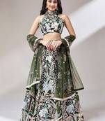 awesome olive green sequins embroidered art soft net mehendi wear indian wedding lehenga choli
