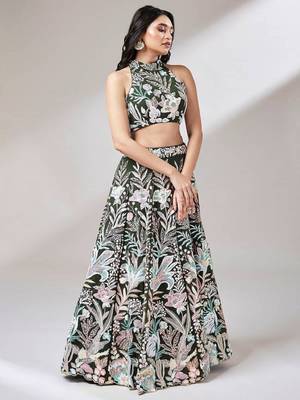 awesome olive green sequins embroidered art soft net mehendi wear indian wedding lehenga choli 2
