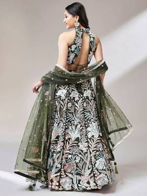awesome olive green sequins embroidered art soft net mehendi wear indian wedding lehenga choli 4