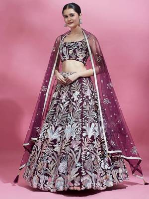 breathtaking wine sequins embroidered soft net function wear indian wedding lehenga choli 1