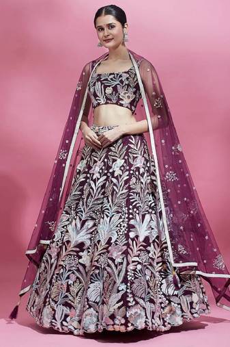 breathtaking wine sequins embroidered soft net function wear indian wedding lehenga choli