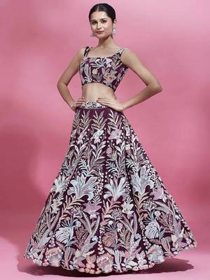 breathtaking wine sequins embroidered soft net function wear indian wedding lehenga choli 2