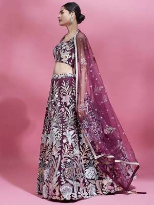 breathtaking wine sequins embroidered soft net function wear indian wedding lehenga choli 3