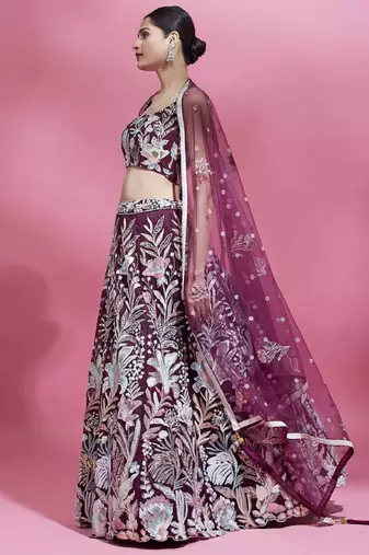 breathtaking wine sequins embroidered soft net function wear indian wedding lehenga choli