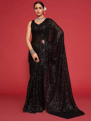 Pure Black Thread And Multiple Sequins Embroidered Georgette Designer Saree Party Wear Saree 1