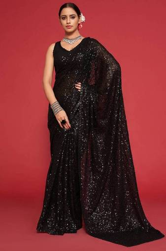 Pure Black Thread And Multiple Sequins Embroidered Georgette Designer Saree Party Wear Saree
