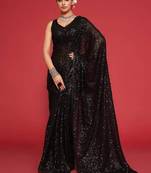 Pure Black Thread And Multiple Sequins Embroidered Georgette Designer Saree Party Wear Saree