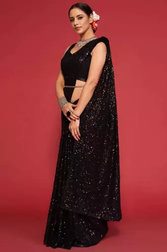 Pure Black Thread And Multiple Sequins Embroidered Georgette Designer Saree Party Wear Saree