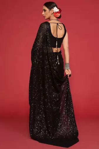 Pure Black Thread And Multiple Sequins Embroidered Georgette Designer Saree Party Wear Saree