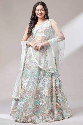 dazzling Light-Green sequins embroidered soft net engagement wear indian lehenga choli