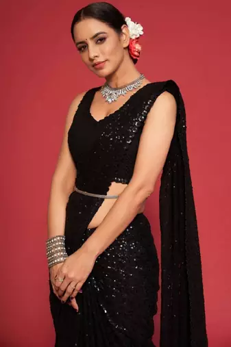 Pure Black Thread And Multiple Sequins Embroidered Georgette Designer Saree Party Wear Saree