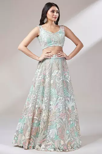dazzling Light-Green sequins embroidered soft net engagement wear indian lehenga choli