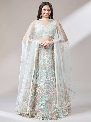 dazzling Light-Green sequins embroidered soft net engagement wear indian lehenga choli 3