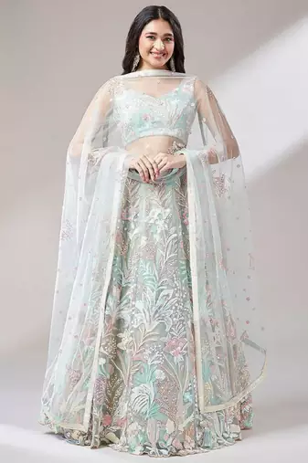 dazzling Light-Green sequins embroidered soft net engagement wear indian lehenga choli