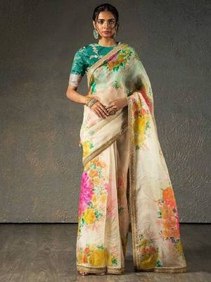 Alluring Cream Floral Orangza Wedding Wear Wedding Saree With Blouse 1