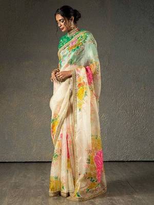 Alluring Cream Floral Orangza Wedding Wear Wedding Saree With Blouse 3
