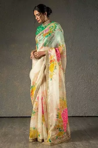 Alluring Cream Floral Orangza Wedding Wear Wedding Saree With Blouse