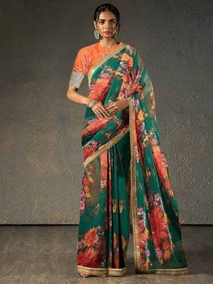 Magnetic Green Floral Orangza Wedding Wear Wedding Saree With Blouse 1