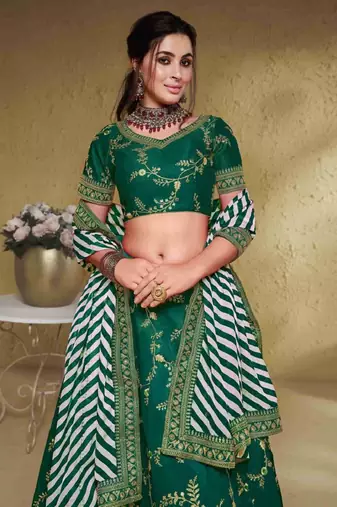  Green Thread Embroidered Mulbury Silk Mehendi Wear Lehenga Choli