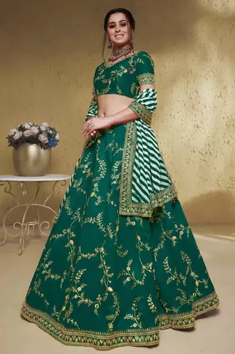  Green Thread Embroidered Mulbury Silk Mehendi Wear Lehenga Choli