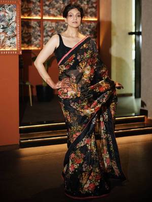 Enthralling Black Floral Orangza Wedding Wear Saree With Blouse 1