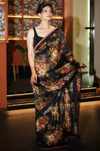 Enthralling Black Floral Orangza Wedding Wear Saree With Blouse